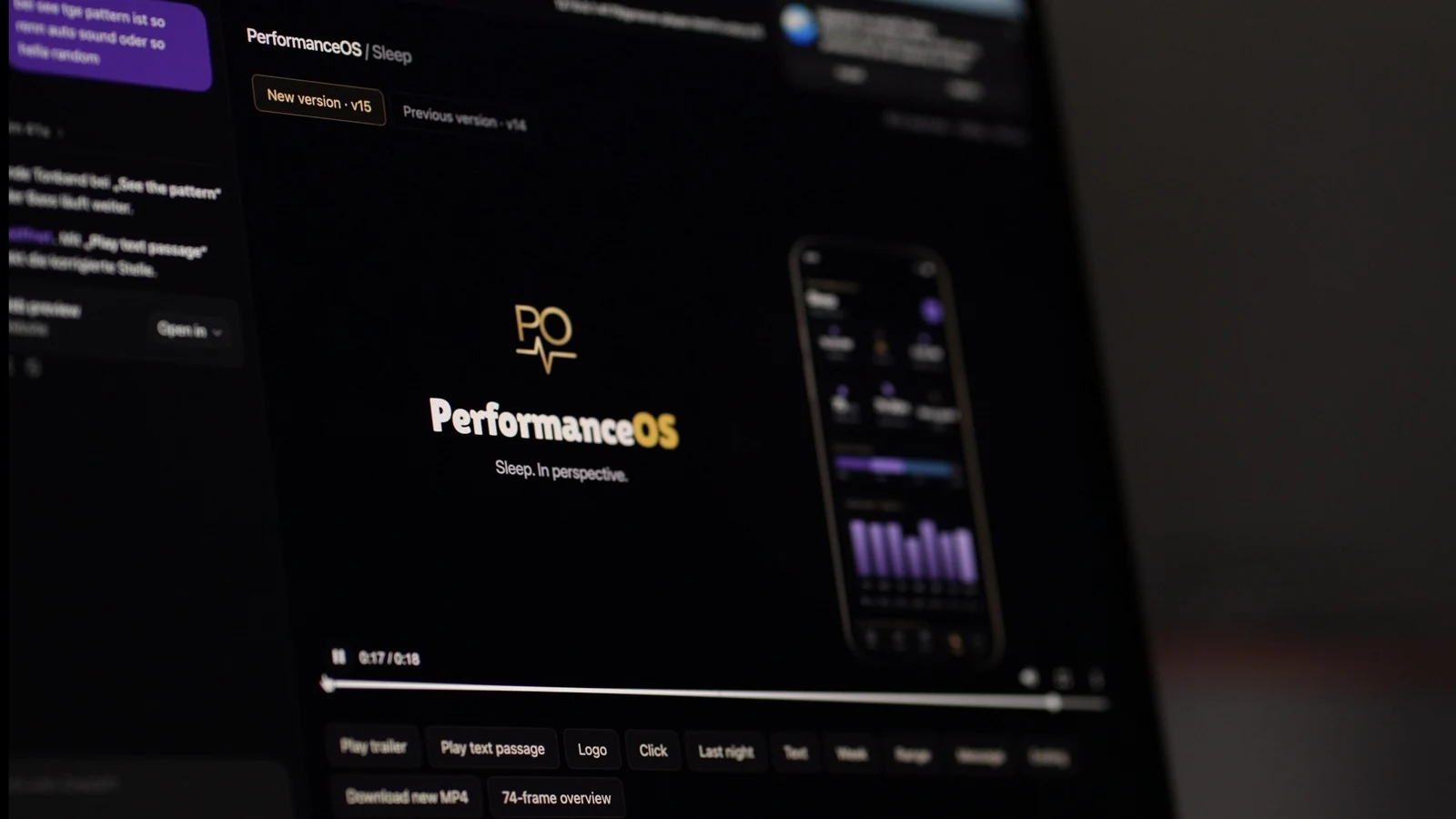 An angled photograph of the studio screen showing the PerformanceOS logo and Sleep app preview.